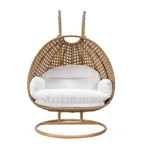 Mendoza Light Brown Wicker Hanging 2 Person Egg Swing Chair - White by LeisureMod