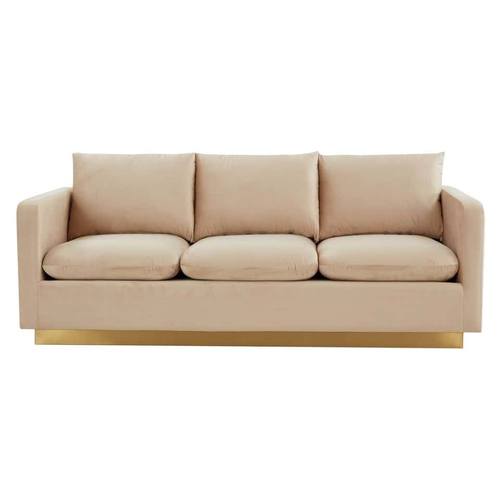 Nervo Modern Mid-Century Upholstered Velvet Sofa w/Gold Frame - Beige by LeisureMod
