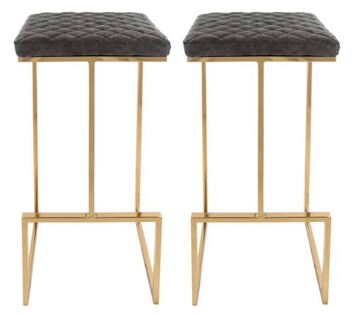 Quincy Leather Bar Stools w/Gold Metal Frame, Grey - Set of 2 by LeisureMod