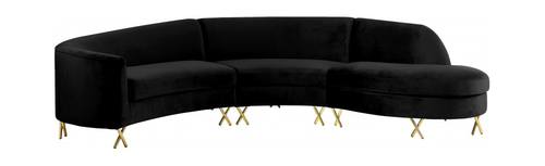 Serpentine Black Velvet Three Piece Sectional Sofa by Meridian Furniture