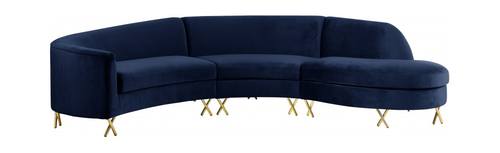 Serpentine Navy Blue Velvet Three Piece Sectional Sofa by Meridian Furniture