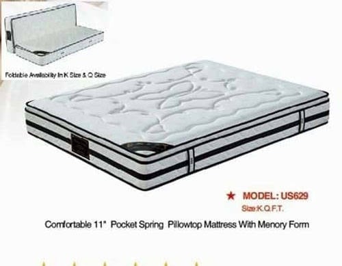 US-629 11 Inch Memory Foam Euro Top Pocket Spring Mattress by Pantek Furniture