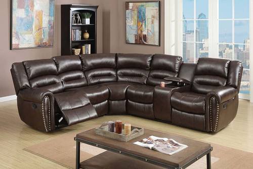 F6744 Brown Bonded Leather 3-Pcs Reclining Sectional by Poundex