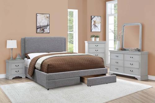 F9365 Stone Ash Faux Linen & Plywood Bed w/Drawers by Poundex