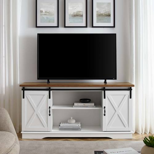 58 Inch Modern Farmhouse Wood TV Stand - White/Rustic Oak by Walker Edison