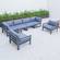 Chelsea 7-Piece Patio Sectional And Fire Pit Table Black Aluminum With Cushions Blue by LeisureMod