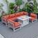 Chelsea Orange 7-Piece Patio Sectional & Fire Pit Table Weathered Grey Aluminum w/Cushions by Leisuremod