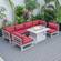 Chelsea Red 7-Piece Patio Sectional & Fire Pit Table Weathered Grey Aluminum w/Cushions by Leisuremod