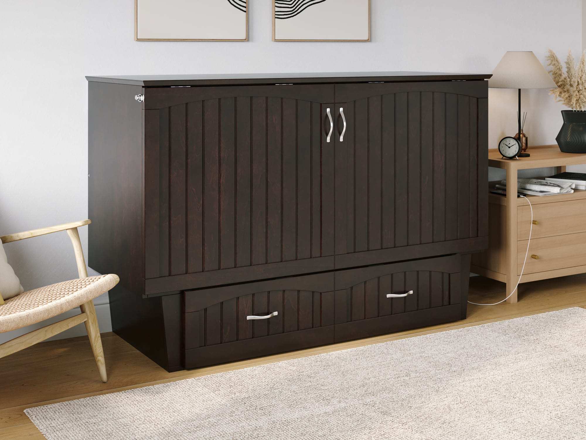 Sydney Modern Coastal Queen Solid Wood Murphy Bed Chest w/Mattress in ...