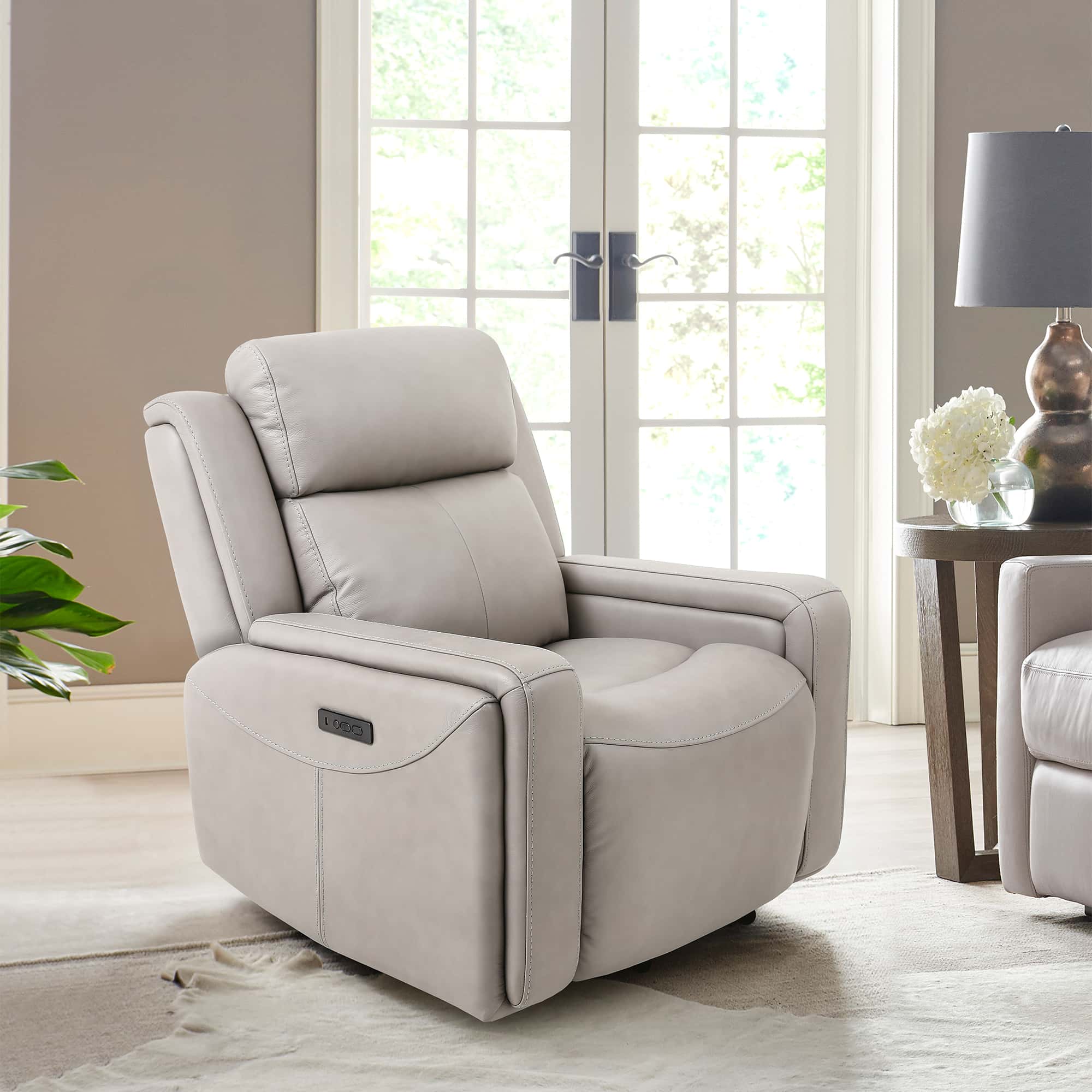Claude Dual Power Headrest & Lumbar Support Recliner Chair in Light Grey Genuine  Leather by Armen Living