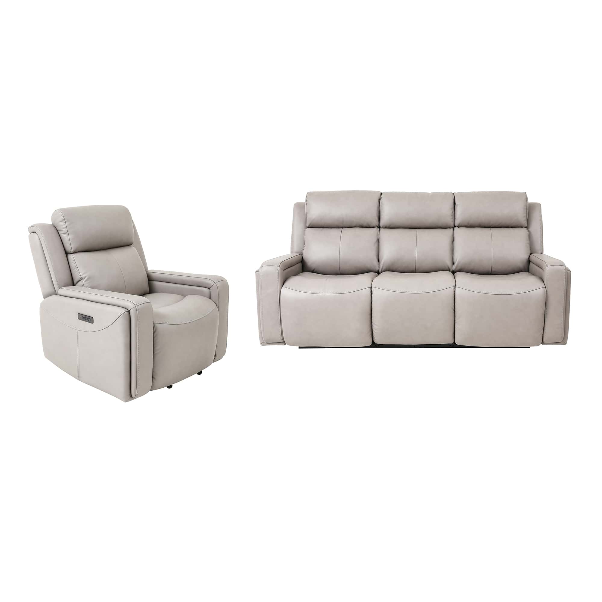 Claude Dual Power Headrest & Lumbar Support Reclining 2 Piece Sofa &  Recliner Set in Light Grey Genuine Leather by Armen Living