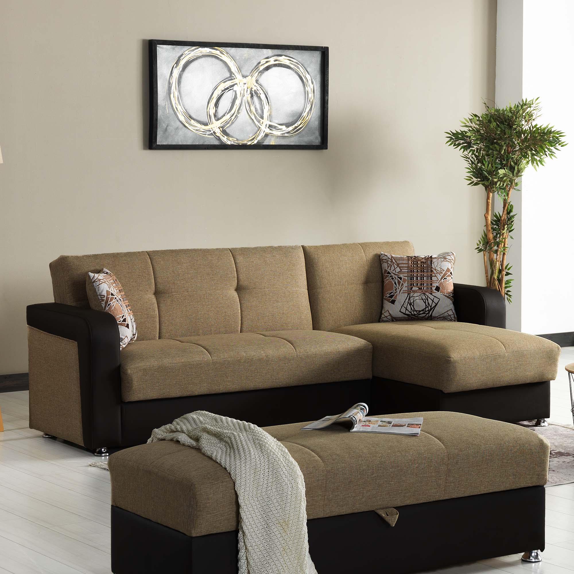 Harmony Brown Chenille/PU Sectional Sofa Sleeper by Casamode