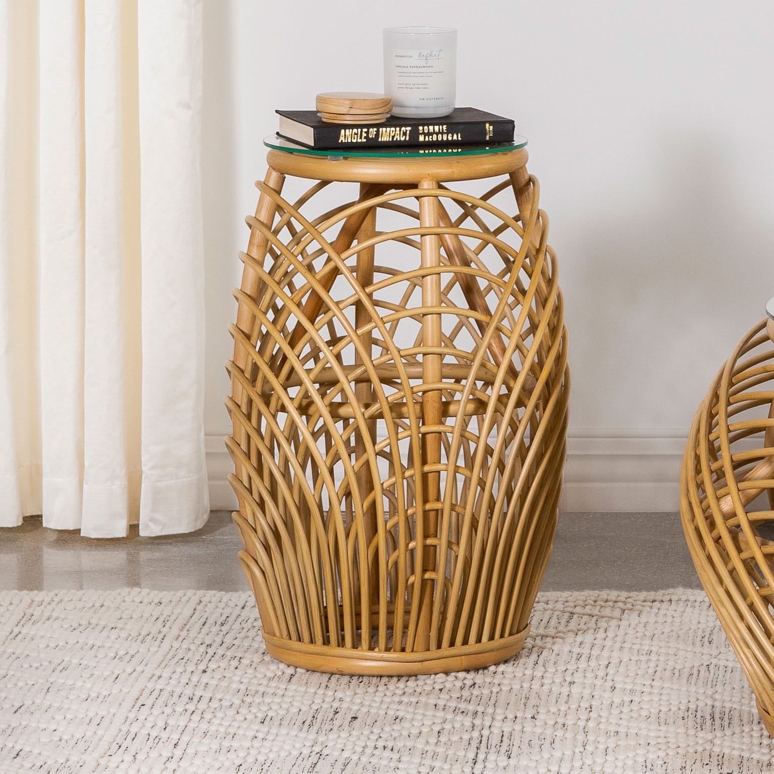 Dahlia Round Glass Top Woven Rattan End Table Natural Brown at Futonland
