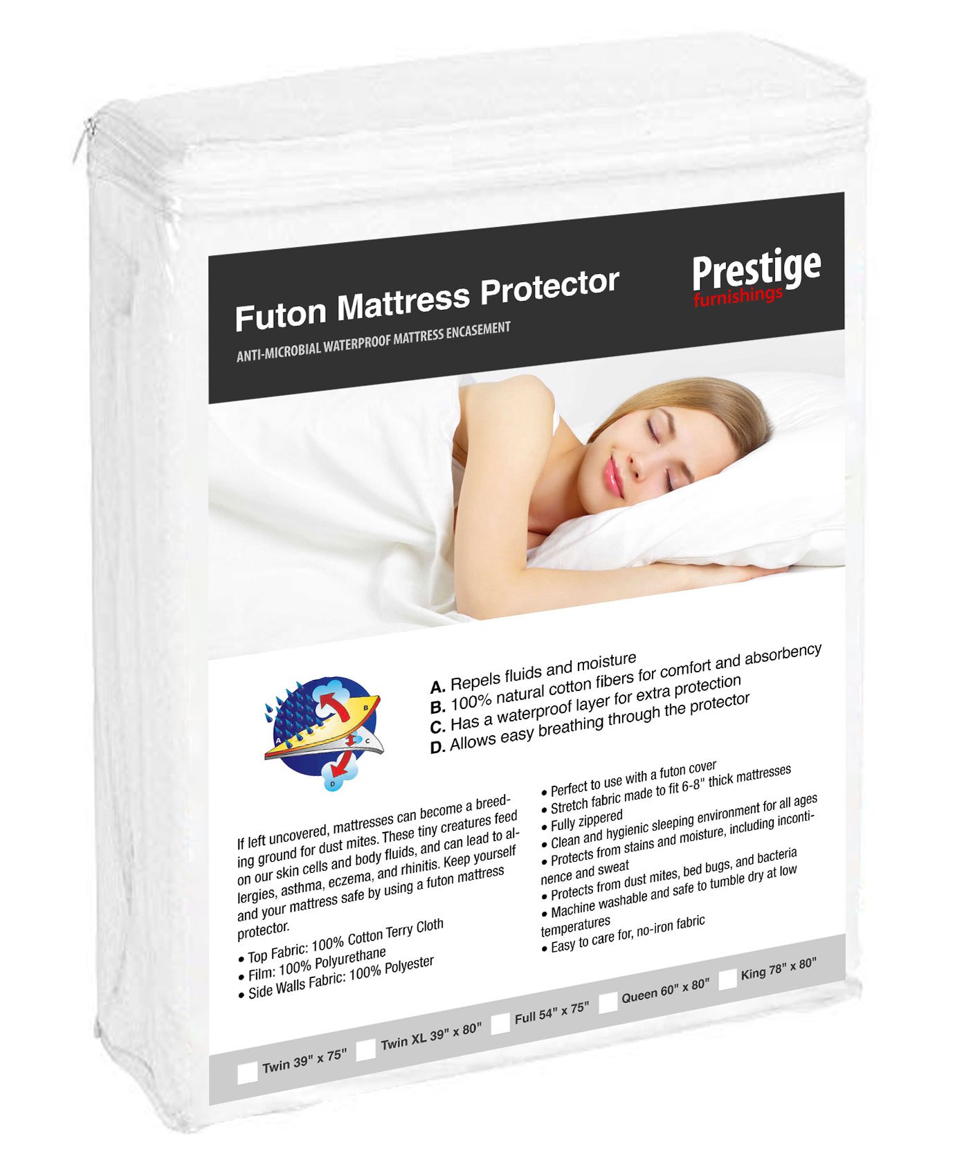 Futon Mattress Protector - Zippered Style - Cotton Terry Bed Encasement by  Prestige