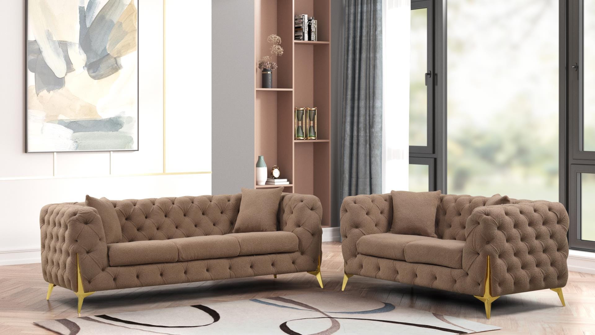 Contempo Brown Button Tufted Velvet Upholstered Sofa Loveseat at Futonland
