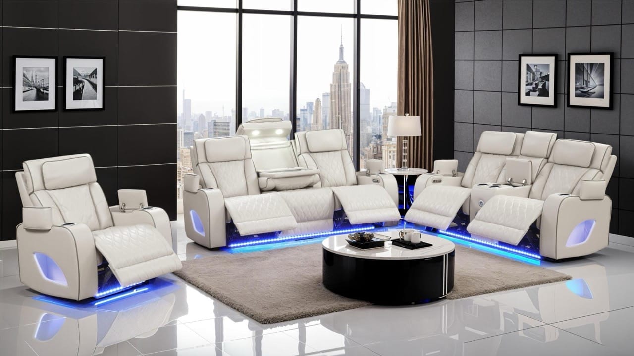 HEVE funcouture leather PT 白 38 新品 タグ付き Fortuner Ice Faux Leather Reclining Sofa w/LED at Futonland