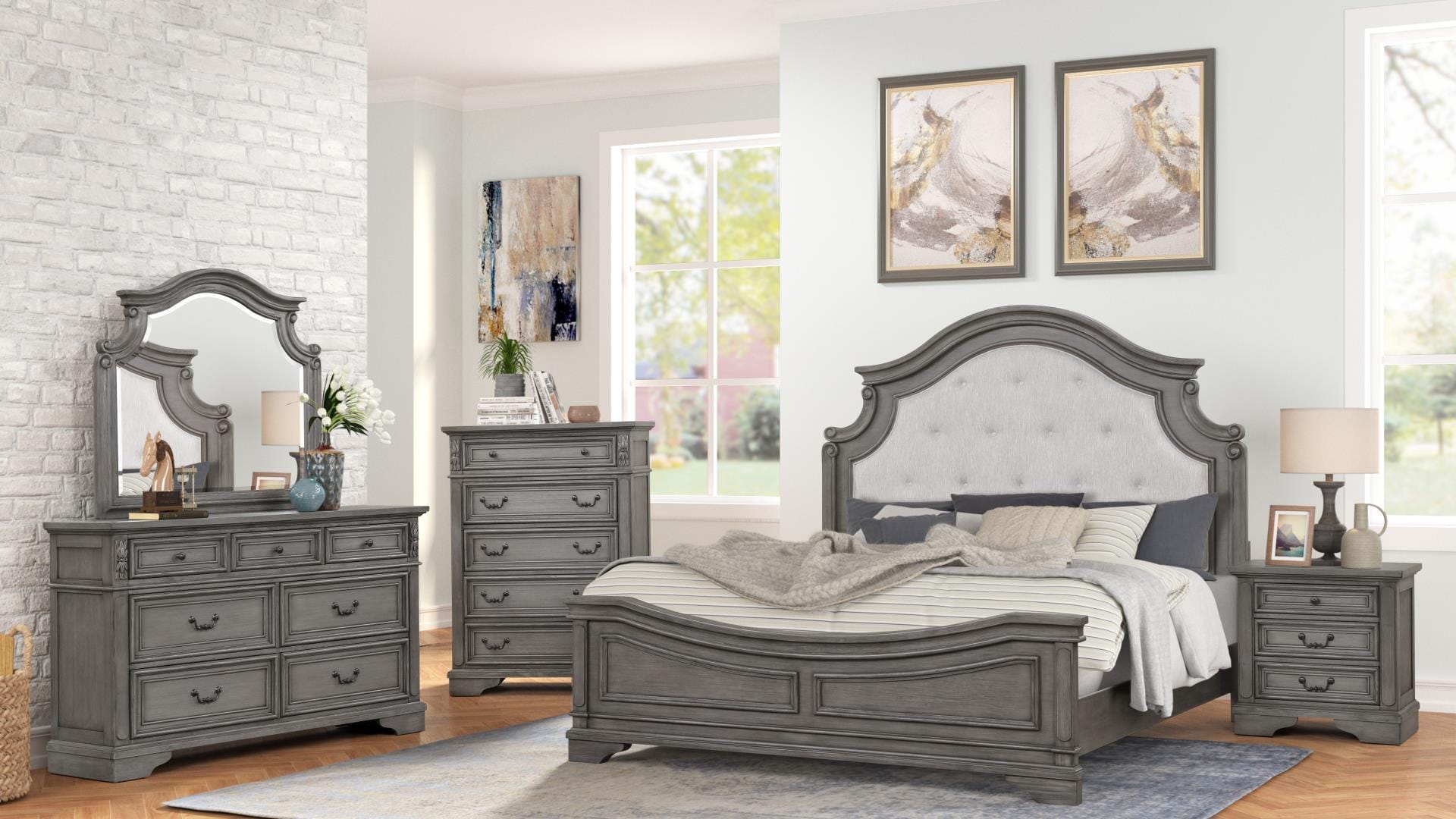 Grace Gray Tufted Carved Wood Bedroom Set by Galaxy Furniture
