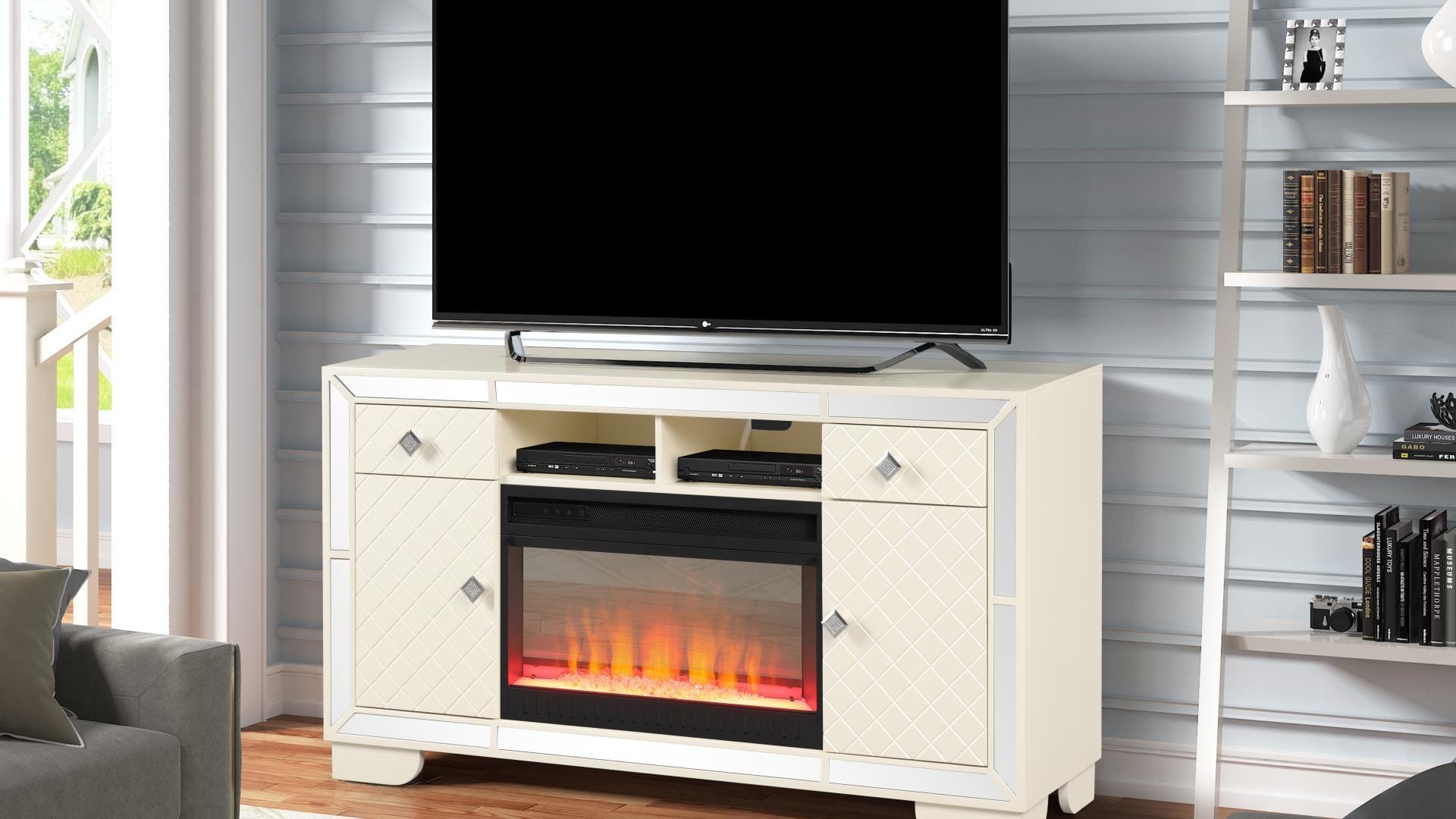 Galaxy Home Madison Beige TV Stand with Electric Fireplace