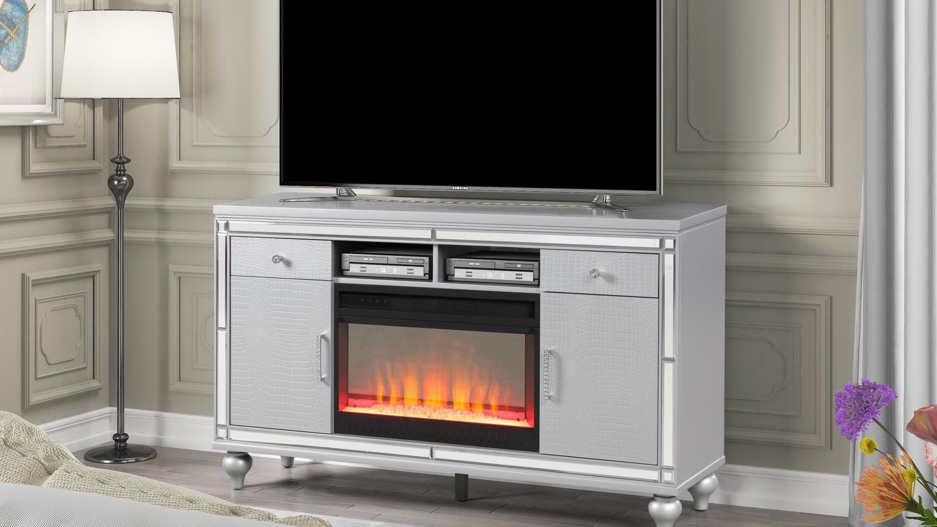 Galaxy Home Furnishings Sterling Solid Wood TV Stand with Electric Fireplace in Silver