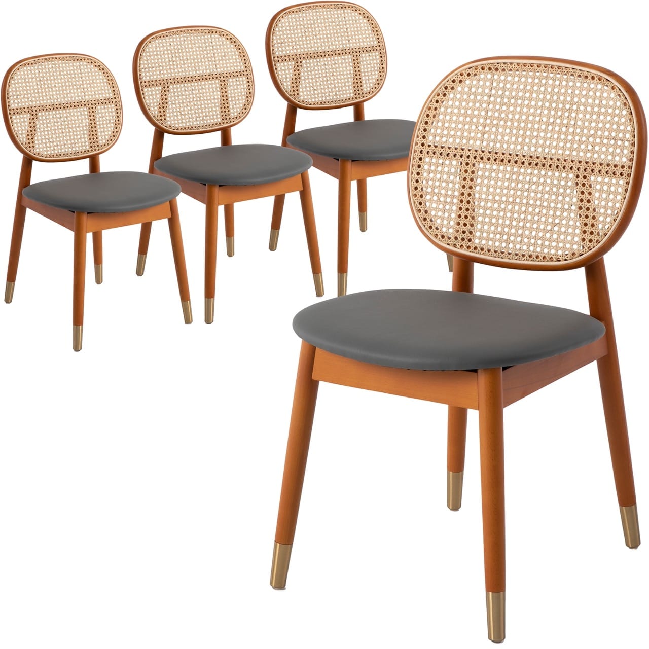 Holbeck Wicker Dining Chair with Leather Seat Set of 4, Grey by LeisureMod