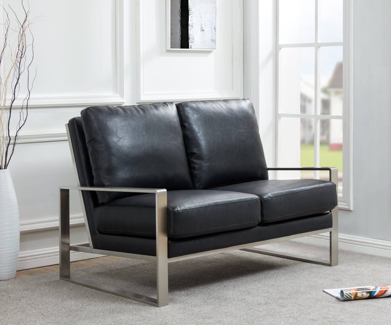 Jefferson Contemporary Modern Faux Leather Loveseat With Silver Frame ...