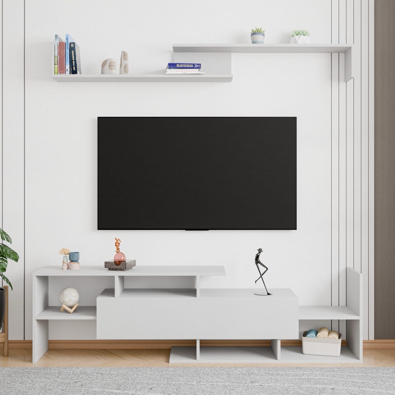 Surrey Modern TV Stand w/MDF Shelves & Bookcase, White at Futonland