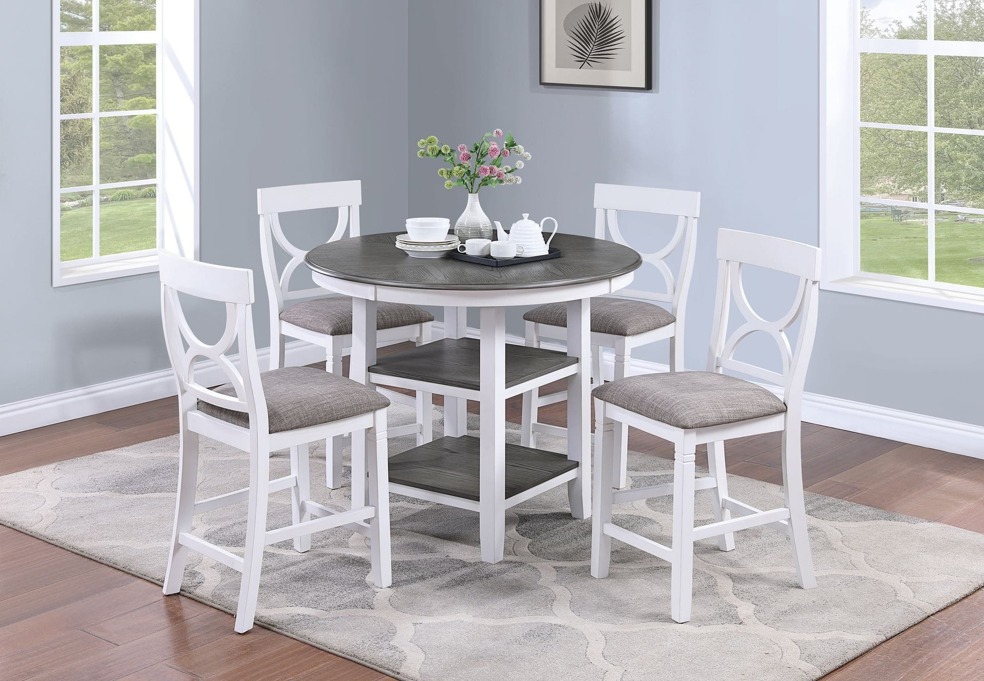 F2625 5 Pcs White / Gray Counter High Round Table + 4 Chairs F2625 5 Pcs White / Gray Counter High Round Table + 4 Chairs