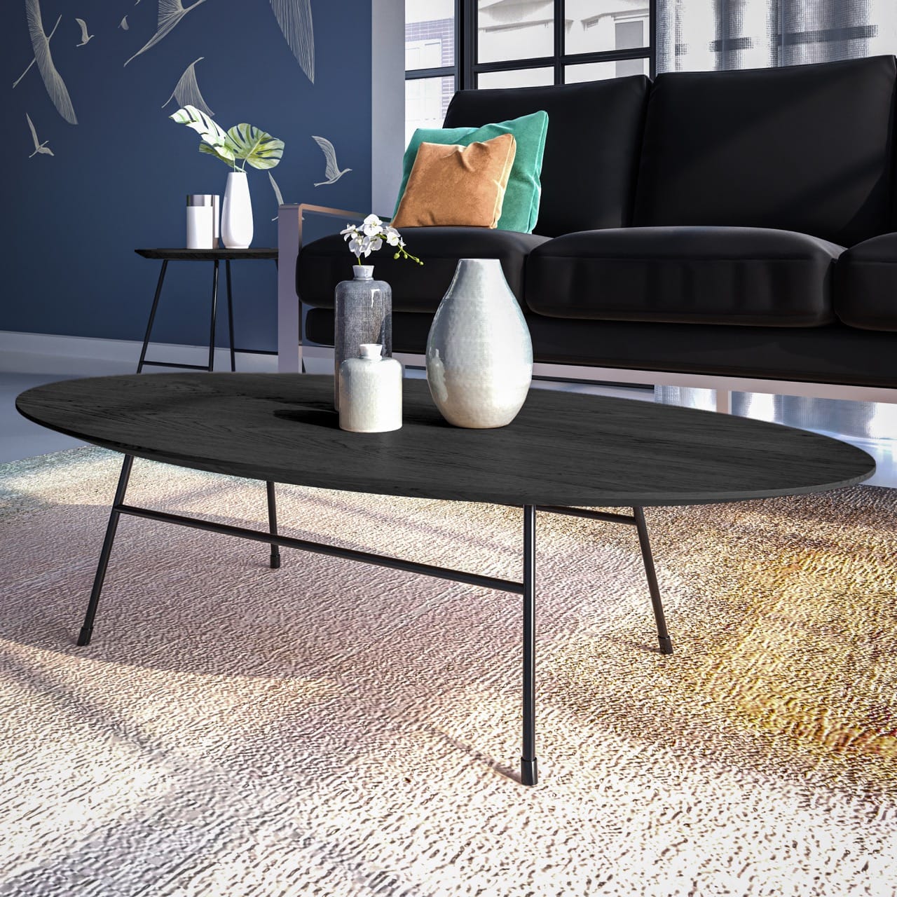 Rossmore Oval Coffee Table Black Powder Coated Steel Frame, Black at ...
