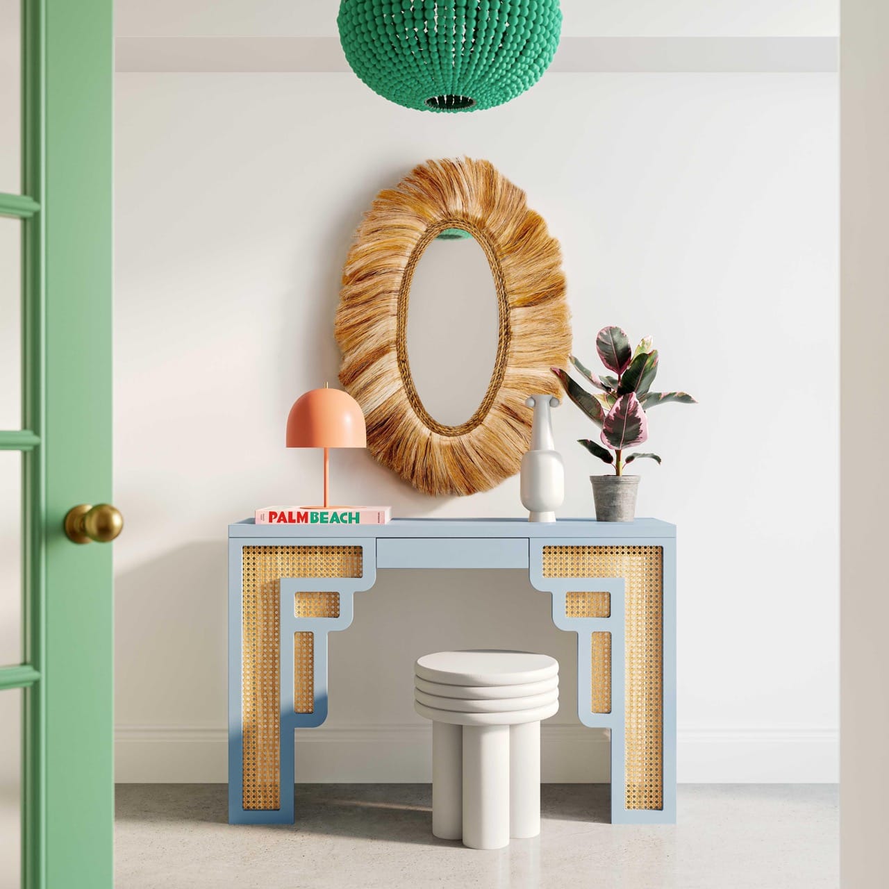 Suzie Pastel Blue & Rattan Console Table - Thumbnail 3
