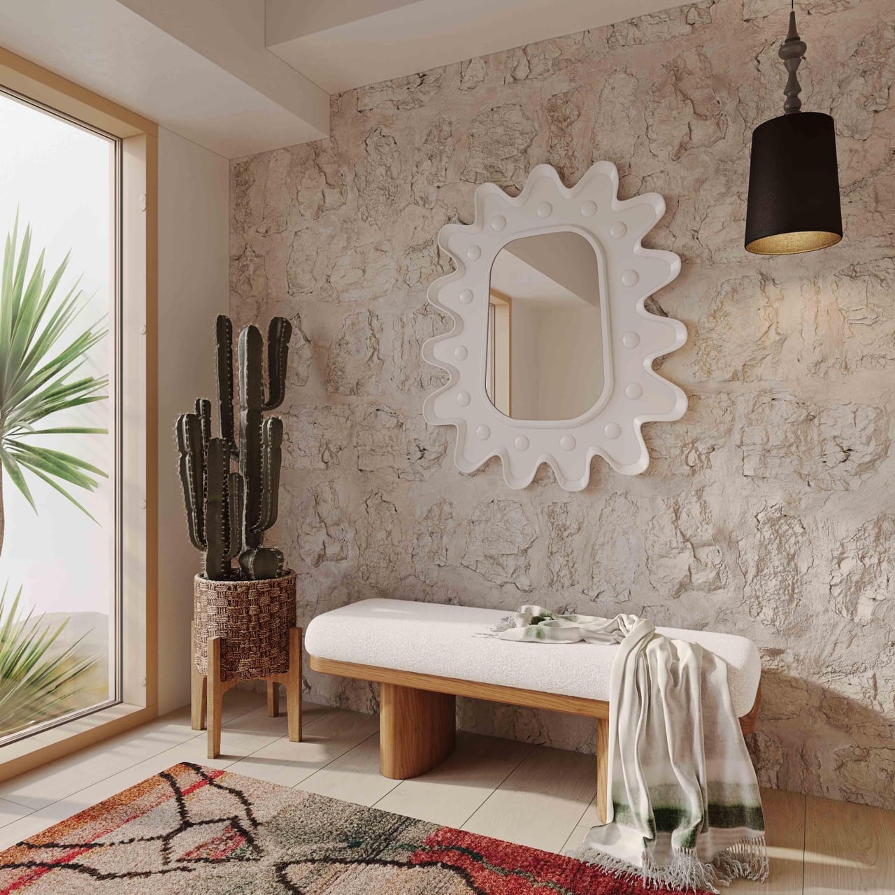 Ollie White Boucle Wooden Bench - Thumbnail 5