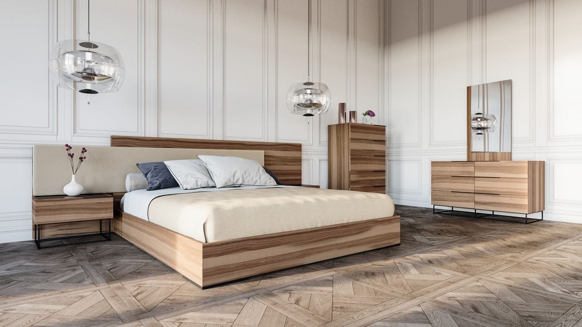 Nova Domus Matteo Italian Modern Walnut & Fabric Eastern King Bed + 2 Nightstands + Dresser Set at Futonland Nova Domus Matteo Italian Modern Walnut & Fabric Eastern King Bed + 2 Nightstands + Dresser Set at Futonland