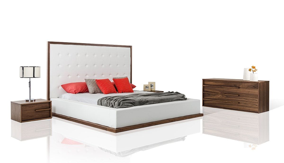 Modrest Beth Queen Modern Walnut w/White Leatherette Bed - Thumbnail 4