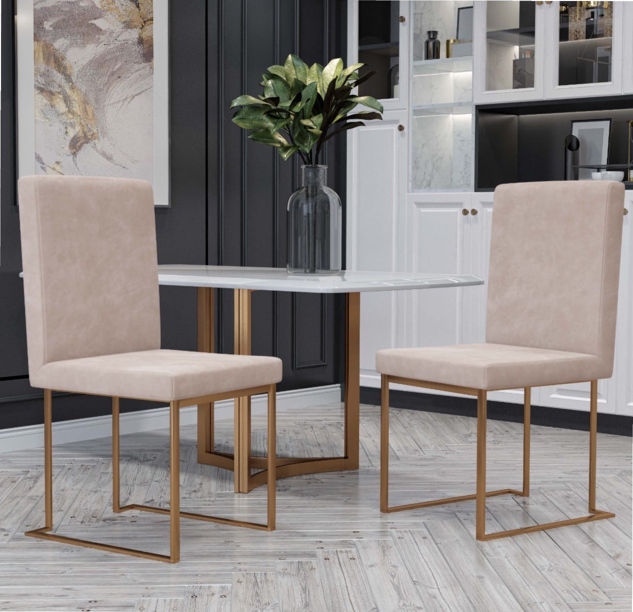 Modrest Fowler Modern Beige and Brass Velvet Dining Chair Set of 2 - Thumbnail 2