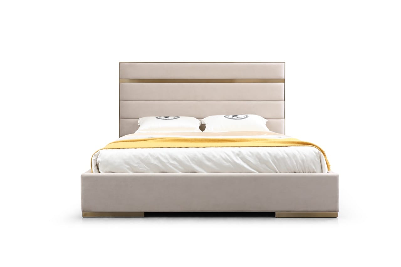 Modrest Cartier Modern Beige Velvet and Brushed Brass EK Bed - Thumbnail 2