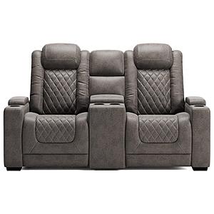 HyllMont Dual Power Reclining Console Loveseat w/Power Adjustable Headrest - Gray by Ashley Furniture
