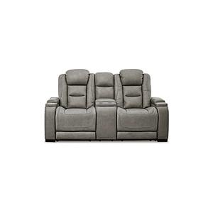 The Man-Den Triple Power Leather Reclining Loveseat w/Power Adjustable Headrest - Gray by Ashley Furniture