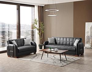 Button PU Leather 83" Wide Convertible Sofa w/Storage - Black by Casamode