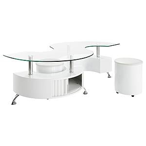 Buckley Curved Glass Top Coffee Table With Stools White High Gloss by Coaster