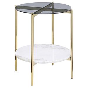 Jonelle Round Glass Top End Table White Marble Shelf Gold by Coaster