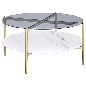 Jonelle Round Glass Top Coffee Table White Marble Shelf Gold by Coaster