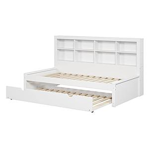 Twin Bookcase Day Bed In White w/Twin Trundle Bed by Donco