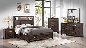 Kenzo Walnut Wood Bedroom Set w/LED Headboard & bookshelf by Galaxy Furniture