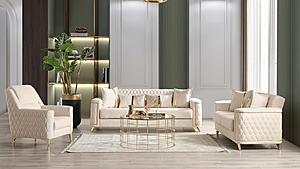 Luna Ivory Thick Velvet Fabric Upholstered Sofa & Loveseat by Galaxy Furniture