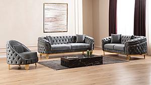 Vanessa Gray Velvet Sofa, Loveseat & Chair by Galaxy Furniture