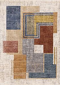 Muse Blue Red Orange Cream Layered Geometric Design Rug by Kalora
