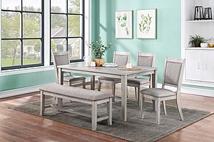 F2606 6 Piece Grey Dining Set 4 Fabric Chairs + 1 Solid Wood Table + 1 Bench by Poundex