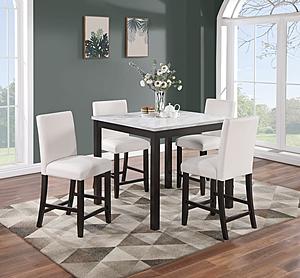 F2617 5 Piece Dining Set White Faux Marble Counter High Table + 4 Chairs White Leather by Poundex