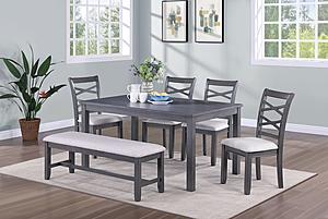 F2623 6 Pcs Gray Dining Set - 4 Chairs + 1 Table + 1 Bench by Poundex