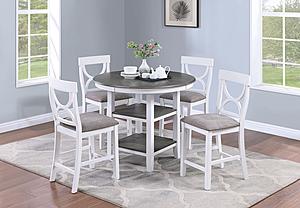 F2625 5 Pcs White / Gray Counter High Round Table + 4 Chairs Dining Set by Poundex