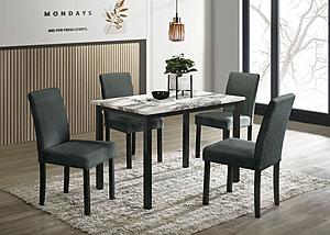 F2628 5-Piece Dining Set Marble Top Table + 4 Charcoal Chairs Fabric by Poundex